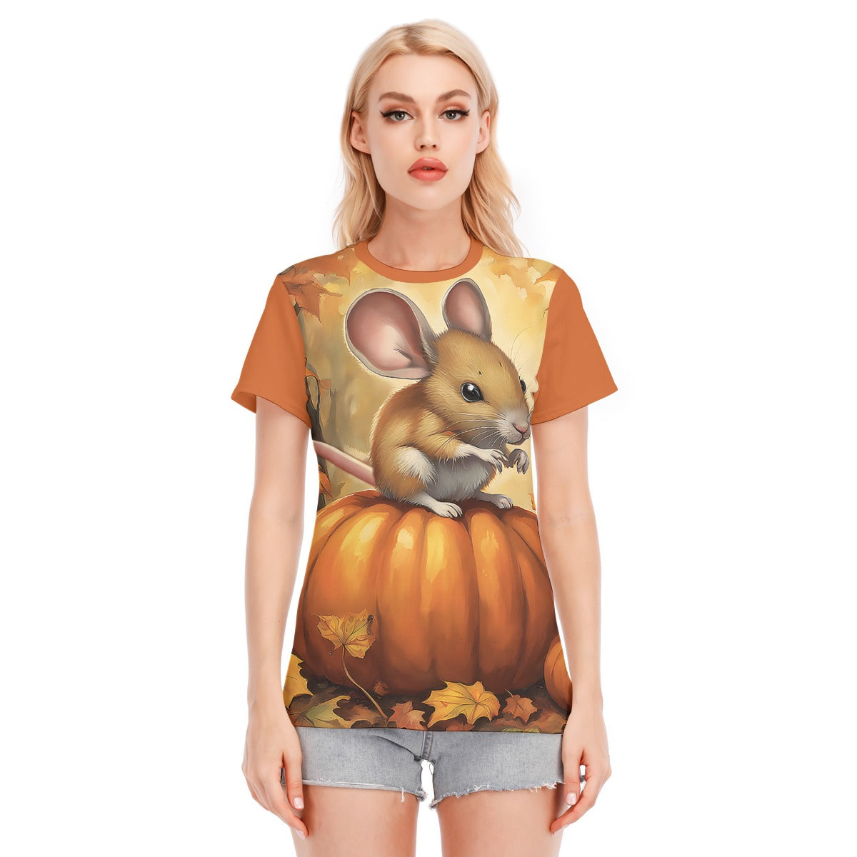 Pumpkin Mouse Women's Round Neck T-Shirt | 190GSM Cotton