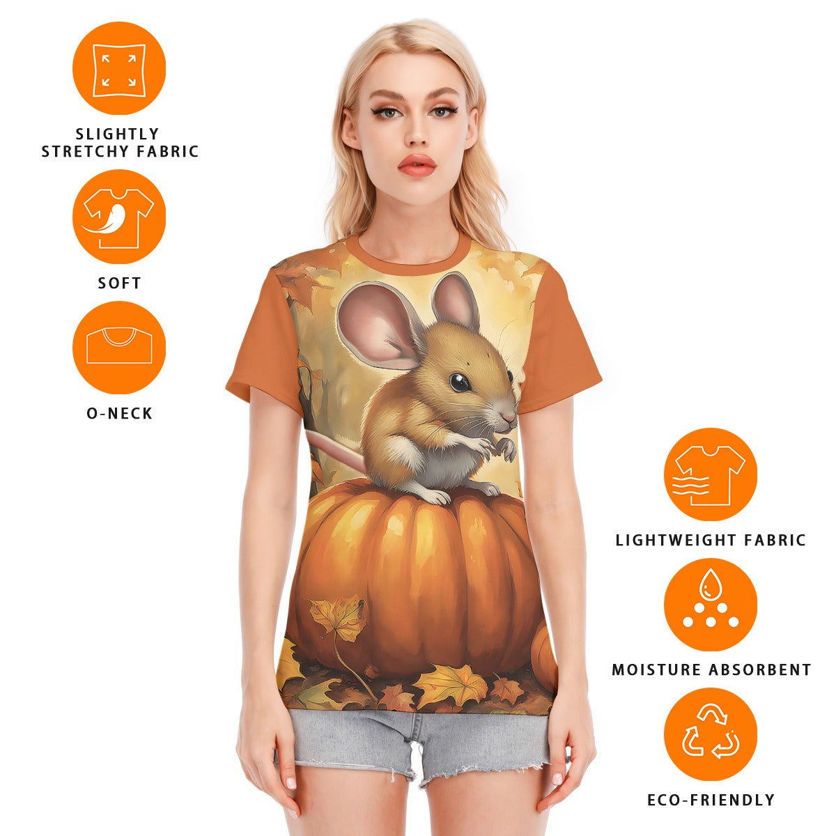 Pumpkin Mouse Women's Round Neck T-Shirt | 190GSM Cotton