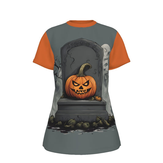 "Ghost and Pumpkin" Women's Round Neck T-Shirt | 190GSM Cotton