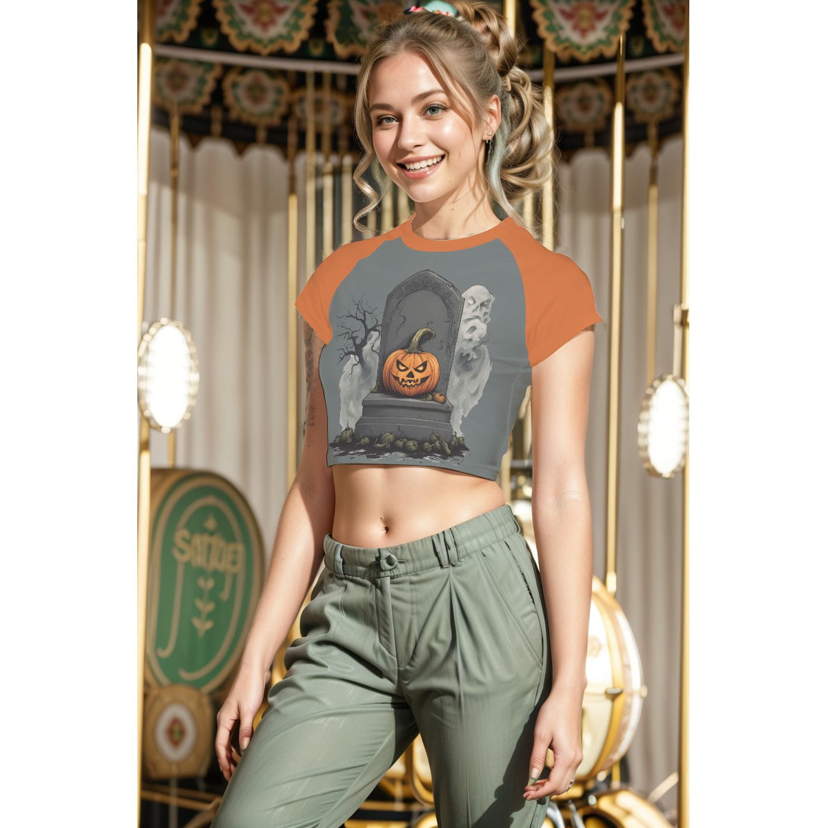 Ghost and Pumpkin Women's Raglan Cropped T-shirt