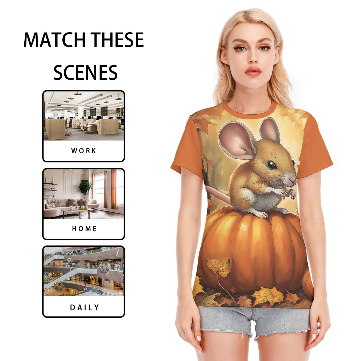 Pumpkin Mouse Women's Round Neck T-Shirt | 190GSM Cotton