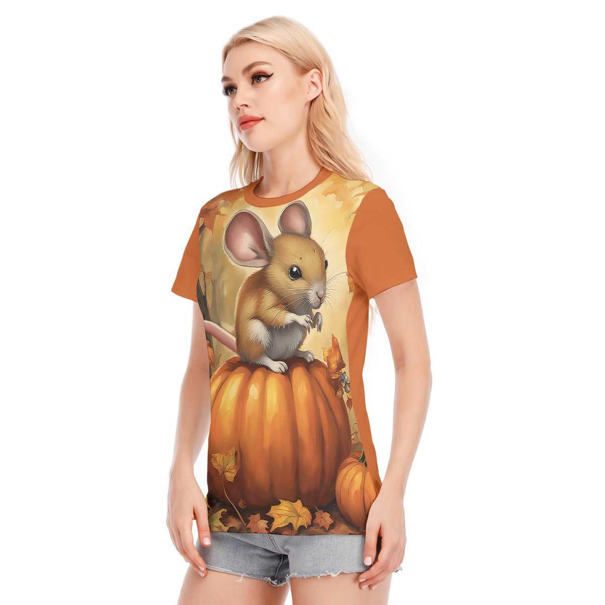 Pumpkin Mouse Women's Round Neck T-Shirt | 190GSM Cotton