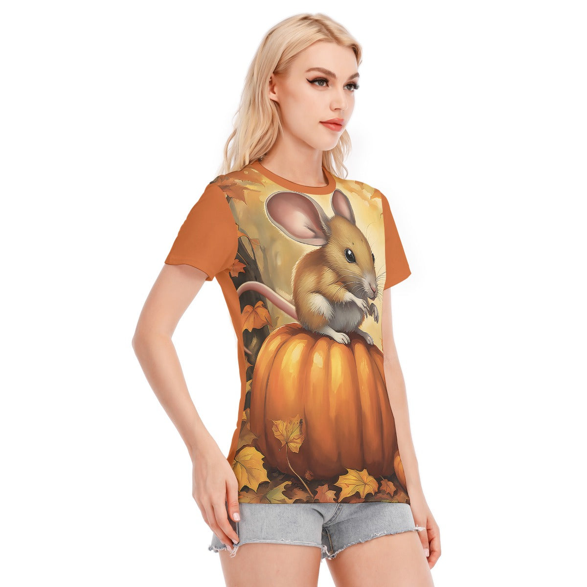 Pumpkin Mouse Women's Round Neck T-Shirt | 190GSM Cotton