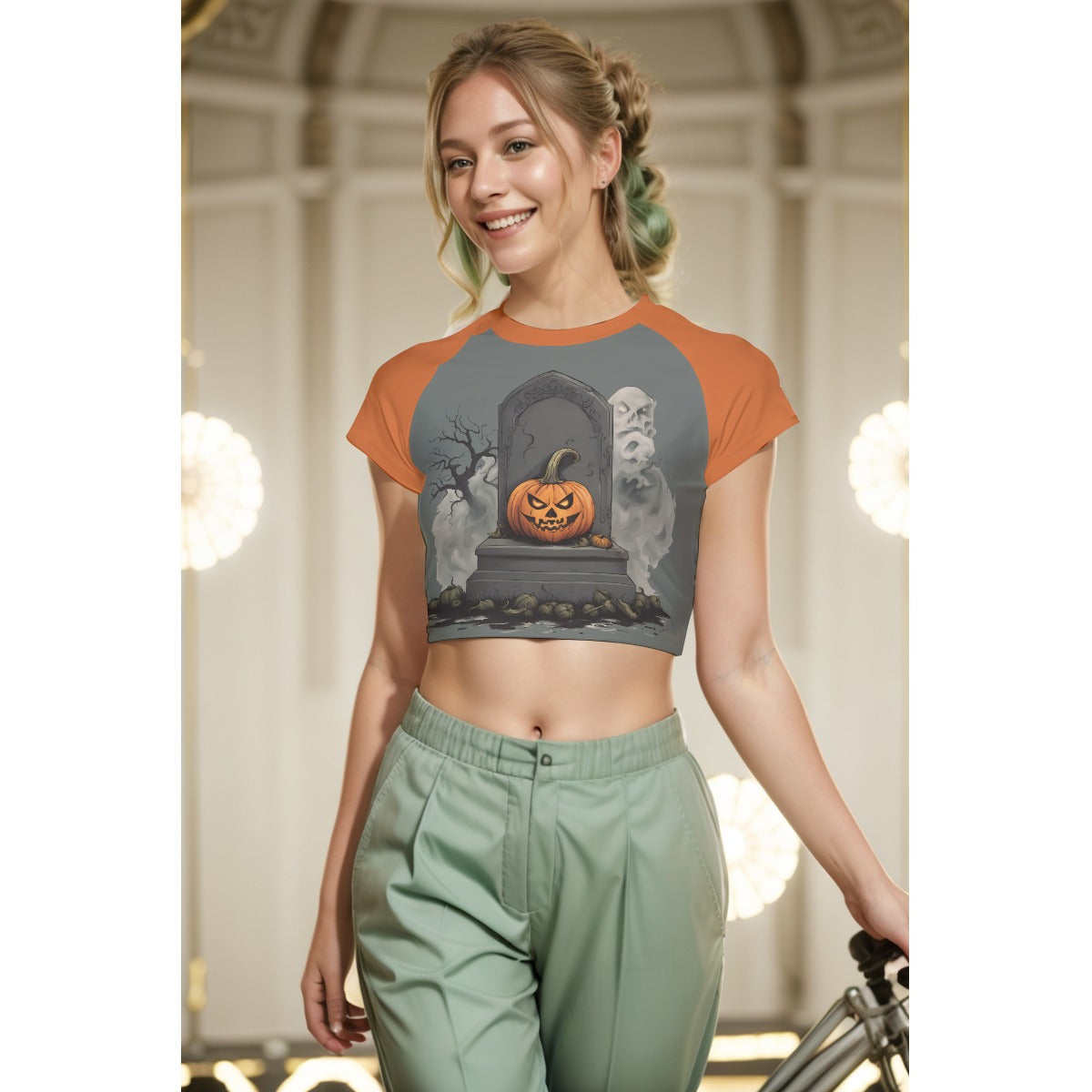 Ghost and Pumpkin Women's Raglan Cropped T-shirt